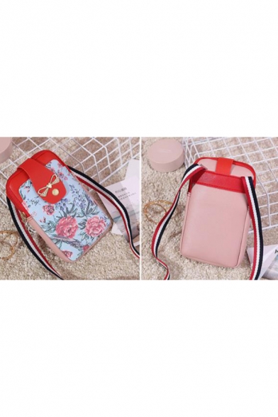 Popular Floral Printed Bow Embellishment Striped Strap Light Blue and Pink Crossbody Phone Purse 10.5*2.5*18.5 CM