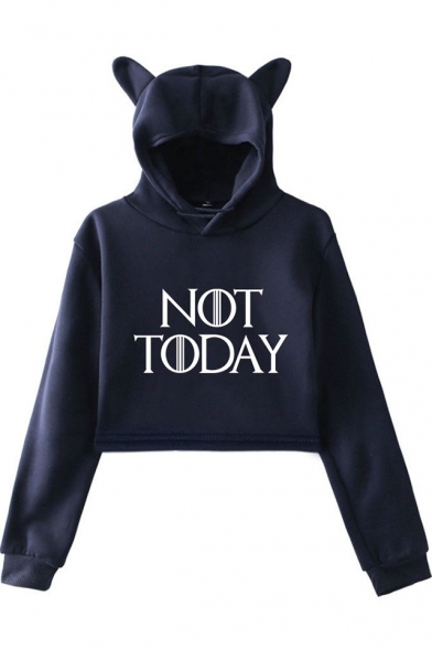 Popular Simple Letter NOT TODAY Cute Cat Ear Hooded Long Sleeve Cropped Hoodie