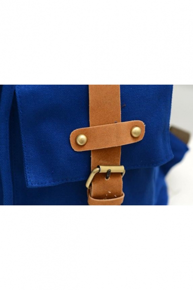 Retro Trend Plain Leather Belt Patch Double Pockets Decoration Canvas Backpack 30*14*40 CM