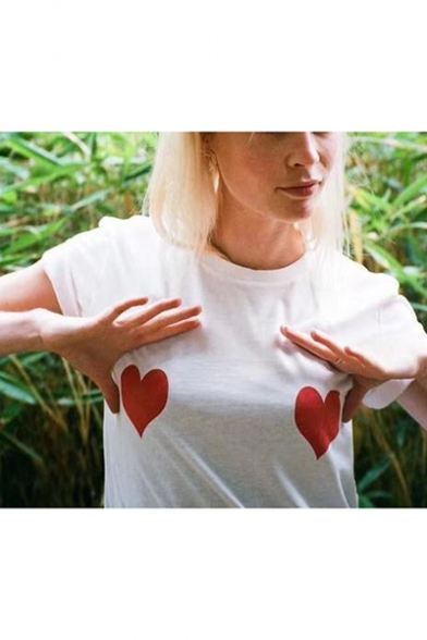 Summer Cute Funny Sweet Heart Print Chest Round Neck Short Sleeve White Tee