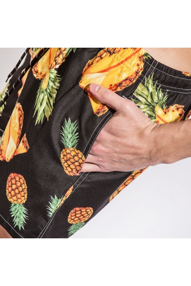 Summer Fashion Pineapple Printed Black Casual Loose Quick Dry Swim Shorts