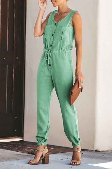 Summer Holiday Fashion Plain Sexy V-Neck Drawstring Waist Button Front Pants Jumpsuits For Women