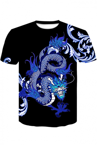Summer Hot Popular 3D Dragon Printed Basic Round Neck Short Sleeve Black T-Shirt For Men