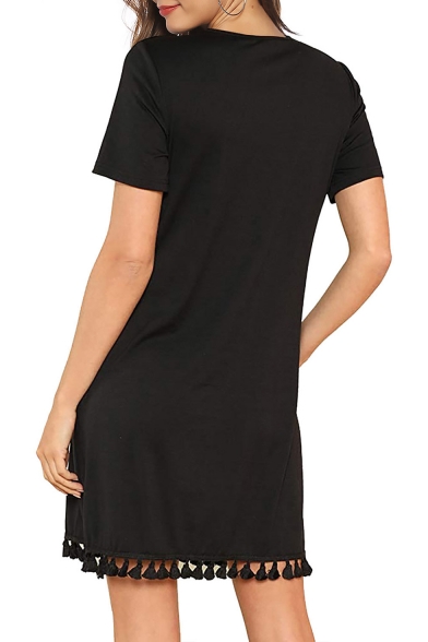 Summer Hot Trendy Solid Color Round Neck Short Sleeve Tassel Hem Mini T-Shirt Dress with Pocket