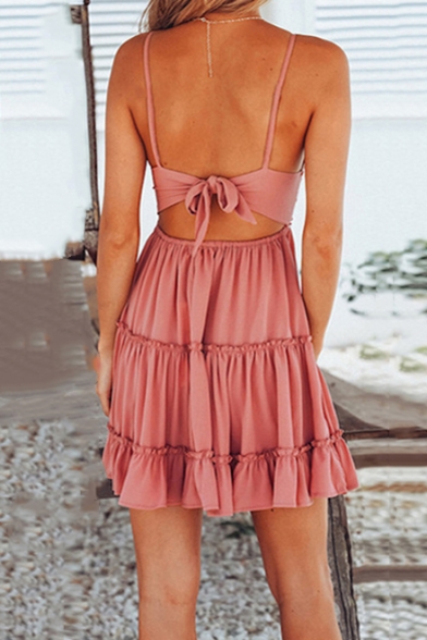 Summer New Stylish Lace Panel V-Neck Bow-Tied Open Back Mini Ruffled A-Line Slip Dress