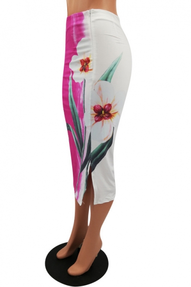 Summer New Stylish White Floral Printed Midi Bodycon Skirt for Women