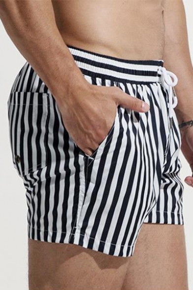 Summer Stylish Blue Striped Printed Drawstring Waist Beach Swim Shorts with Liner