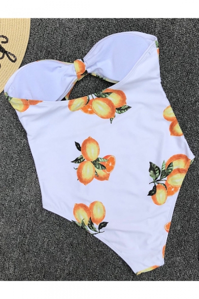 Summer Trendy Lemon Printed Knotted Bandeau Cutout White One Piece Swimsuit Swimwear for Women