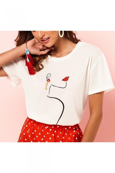 Summer Unique Cool Abstract Figure Print Beading Embellished Short Sleeve Basic White Tee
