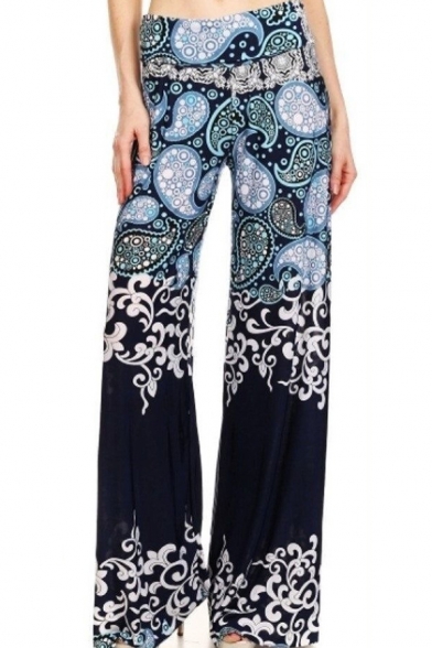 Summer Vintage Tribal Printed High Waist Baggy Wide-Leg Blue Pants for Women