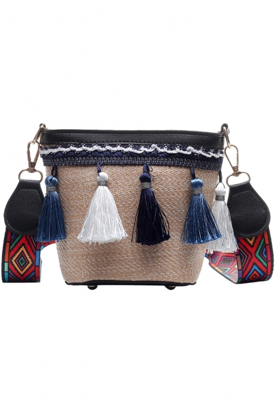 Trendy Colored Geometric Strap Tassel Embellishment Straw Crossbody Beach Bag 13*9*15 CM