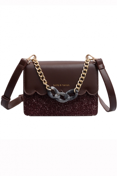 Trendy Plain Chain Handle Sequin Square Crossbody Bag 19*6*14 CM