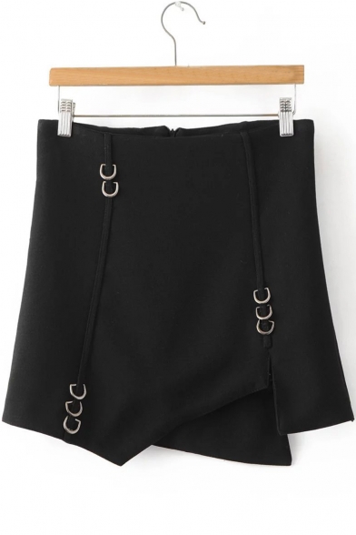 Unique Metal Buckle Embellished Black Mini Asymmetrical Skirt