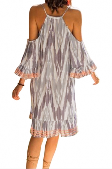 Unique Zigzag Stripe Printed V-Neck Cold Shoulder Loose Relaxed Beach Dress