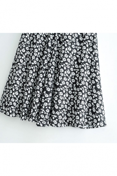 Vintage Black and White Floral Printed High Waist Long Flowy Skirt