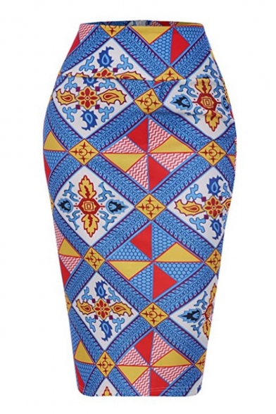 Vintage Ethnic Style Blue Geometric Printed Midi Pencil Skirt