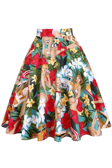 Vintage High Waist Western Girl Floral Printed Cotton Midi Flare Skirt