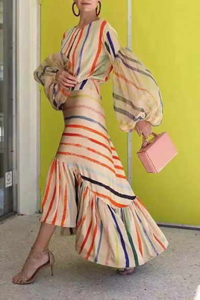 Women's Apricot Striped Print Round Neck Long Sleeve Ruffle Detail Maxi Asymmetrical Dress