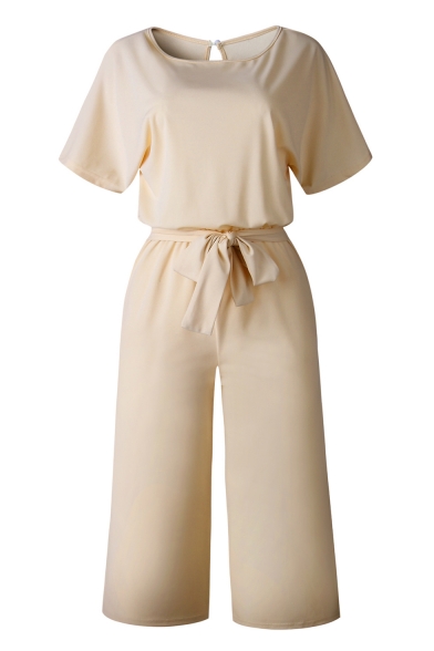 Women's Basic Simple Solid Color Short Sleeve Scoop Neck Tied Waist Wide Leg Jumpsuits