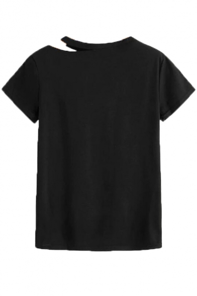 Women's Casual Cold Shoulder Short Sleeve Lip And Eyelash Print Summer Black T-Shirts