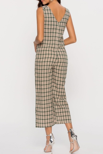 Women's Fashion Classic Plaid Printed V-Neck Button Front Wide-Leg Casual Jumpsuits