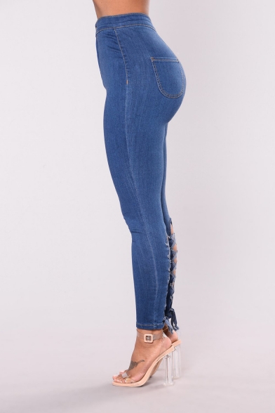 Women's High Rise Stretch Fit Chic Lace-Up Back Dark Blue Super Skinny Fit Jeans