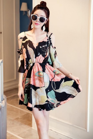 Women's Hot Fashion Round Neck Cut Out Half Sleeve Floral Print Mini Loose A-Line Beach Black Dress