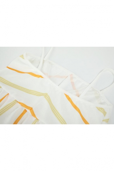 Women's V-Neck Sleeveless Stripes Print Mini Slip A-Line White Dress