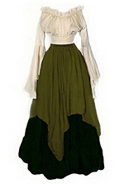 Women's Medieval Retro Renaissance Costumes Irish Trumpet Sleeve Round Neck Peasant Long Gown Dress