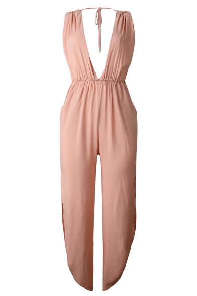 Women's New Fashion Solid Color Sexy Plunged Neck Split Side Jumpsuits with Pockets