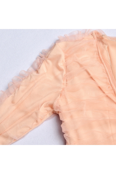 Women's New Stylish Plunge Neck Long Sleeve Lace Trim Pleated Detail Plain Mini Bodycon Apricot Dress