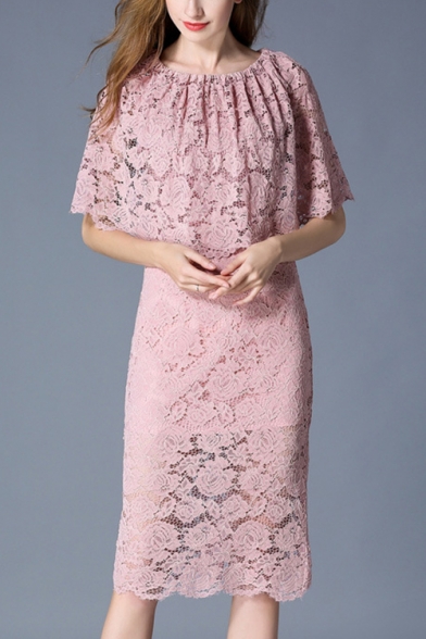 Women's New Trendy Simple Plain Half Sleeve Round Neck Lace Cut Out Midi Pencil Dress