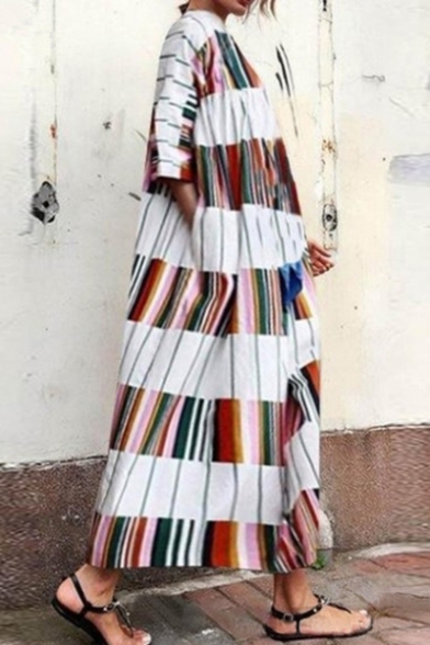 Women's New Trendy White Stripes Print Round Neck Half Sleeve Loose Oversized Maxi Dress