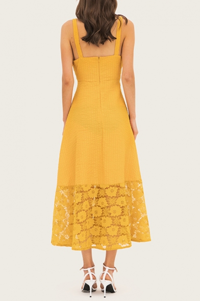 Women's New Trendy Yellow Insert Guipure Maxi Evening Dress Cami Dress