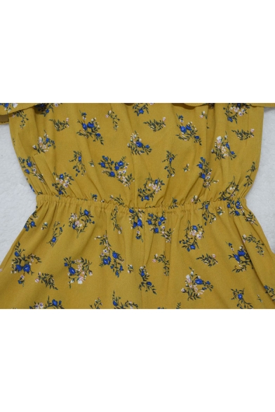 Women's Summer Yellow Floral Printed Off the Shoulder Casual Loose Romper