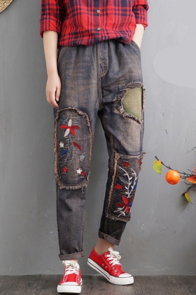 Women's Vintage Floral Embroidered Distressed Casual Loose Jeans