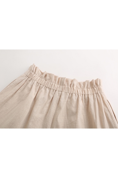 Womens Basic Beige Solid Color Drawcord Waist Casual Wide Leg Paperbag Shorts