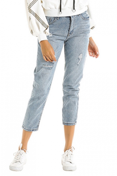 Womens Classic Fit Ripped Detail Light Blue Capri Denim Jeans