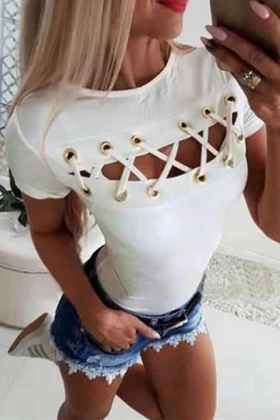 Womens Cool Street Fashion Solid Color Hollow Out Eyelet Lace-Up Front Short Sleeve Fitted T-Shirt