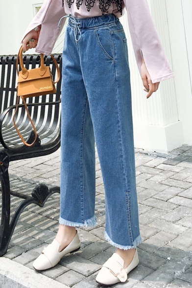 Womens Drawstring Waist Split Side Fringed Hem Straight Fit Wide-Leg Jeans