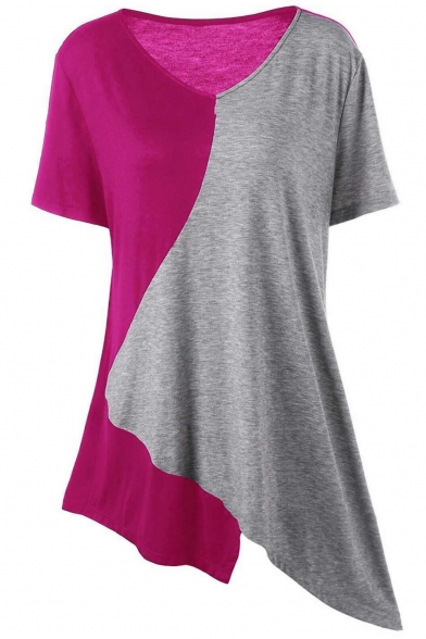 Womens Fashion Color Block V-Neck Short Sleeve Asymmetrical T-Shirt