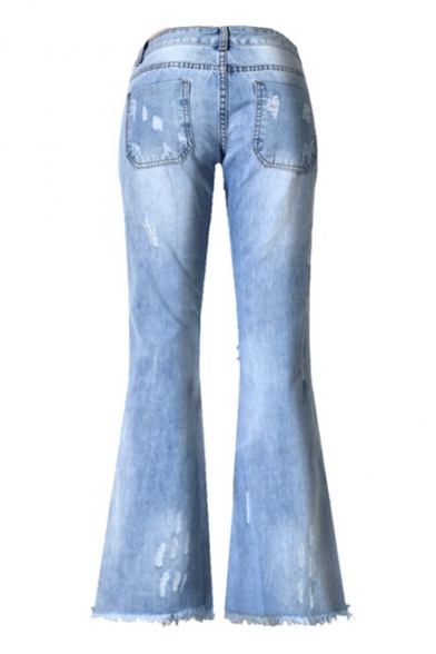 Womens New Fashion Ripped Button-Fly Fringed Hem Blue Slim Fit Flare Jeans