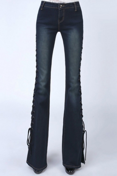 Womens New Fashion Split Lace-Up Side Faded Slim Fit Flare Jeans
