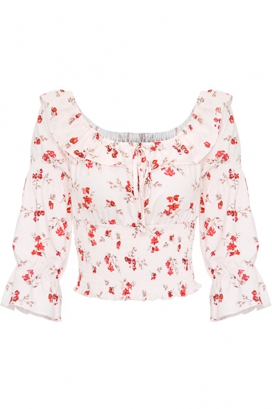 Womens New Trendy Floral Printed Scoop Neck Ruffle Sleeve White Cropped Blouse Top