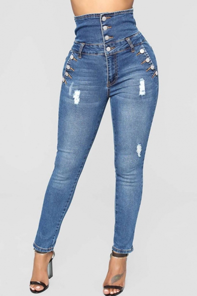 Womens New Trendy High Rise Button-Fly Ripped Skinny Fit Blue Jeans