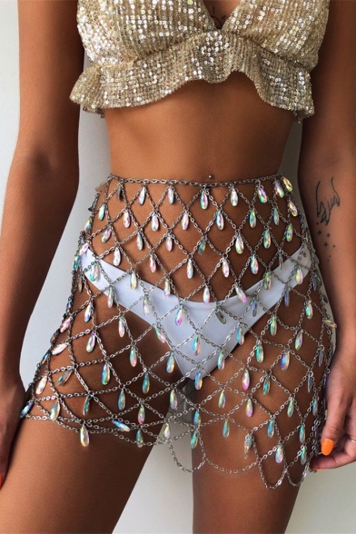 Womens Summer Holiday Beach Crystal Sequin Hollow Out Sparkly Handmade Sexy Mini Skirt