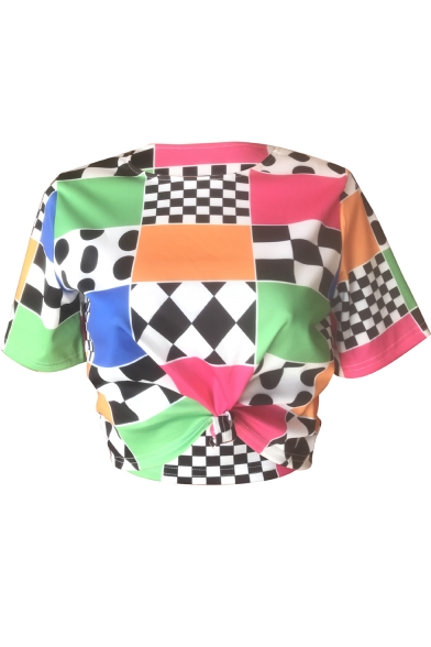 Womens Summer Street Fashion Unique Colorblock Check Printed Short Sleeve Tee