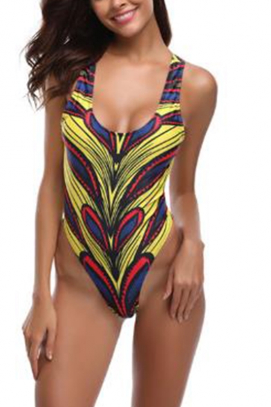 Womens Summer Stylish Colorblock Printed Sexy High Leg Backless One Piece Swimsuit