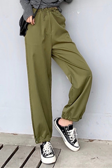 Womens Summer Stylish High Rise Drawstring Waist Solid Color Elastic Cuff Casual Straight Fit Pants