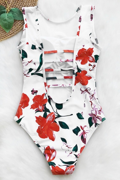 Womens Trendy Floral Pattern Round Neck Open Back White One Piece Swimsuit